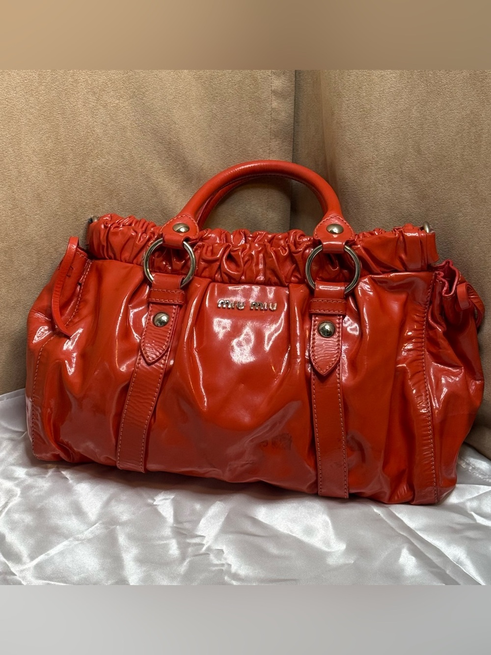 Miu Miu Ruched Glazed Leather Shoulder Bag Silver Hardware-see callouts
